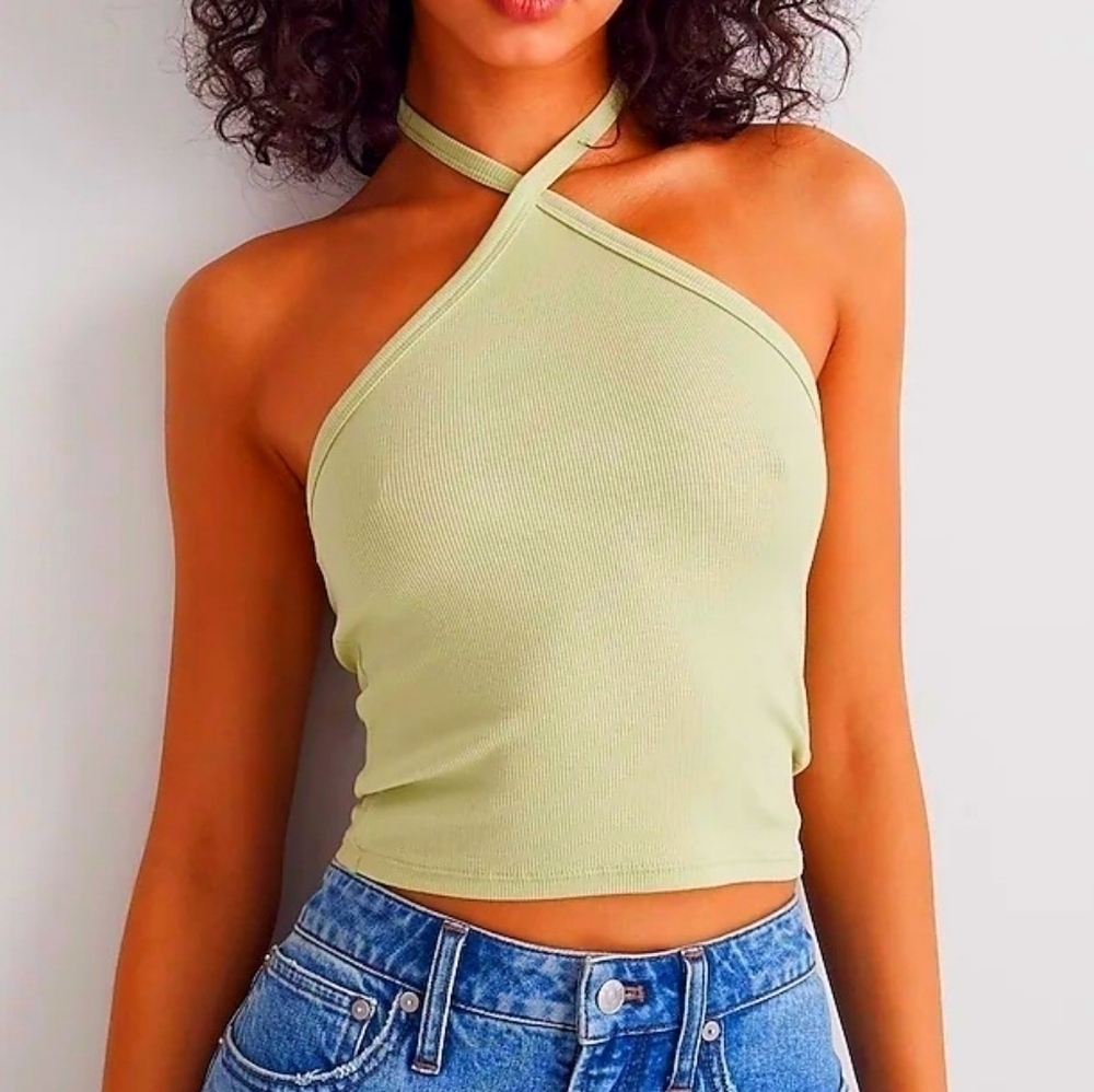Madewell Supima® Rib Halter Tank Top in celery green size Large NWT NK640